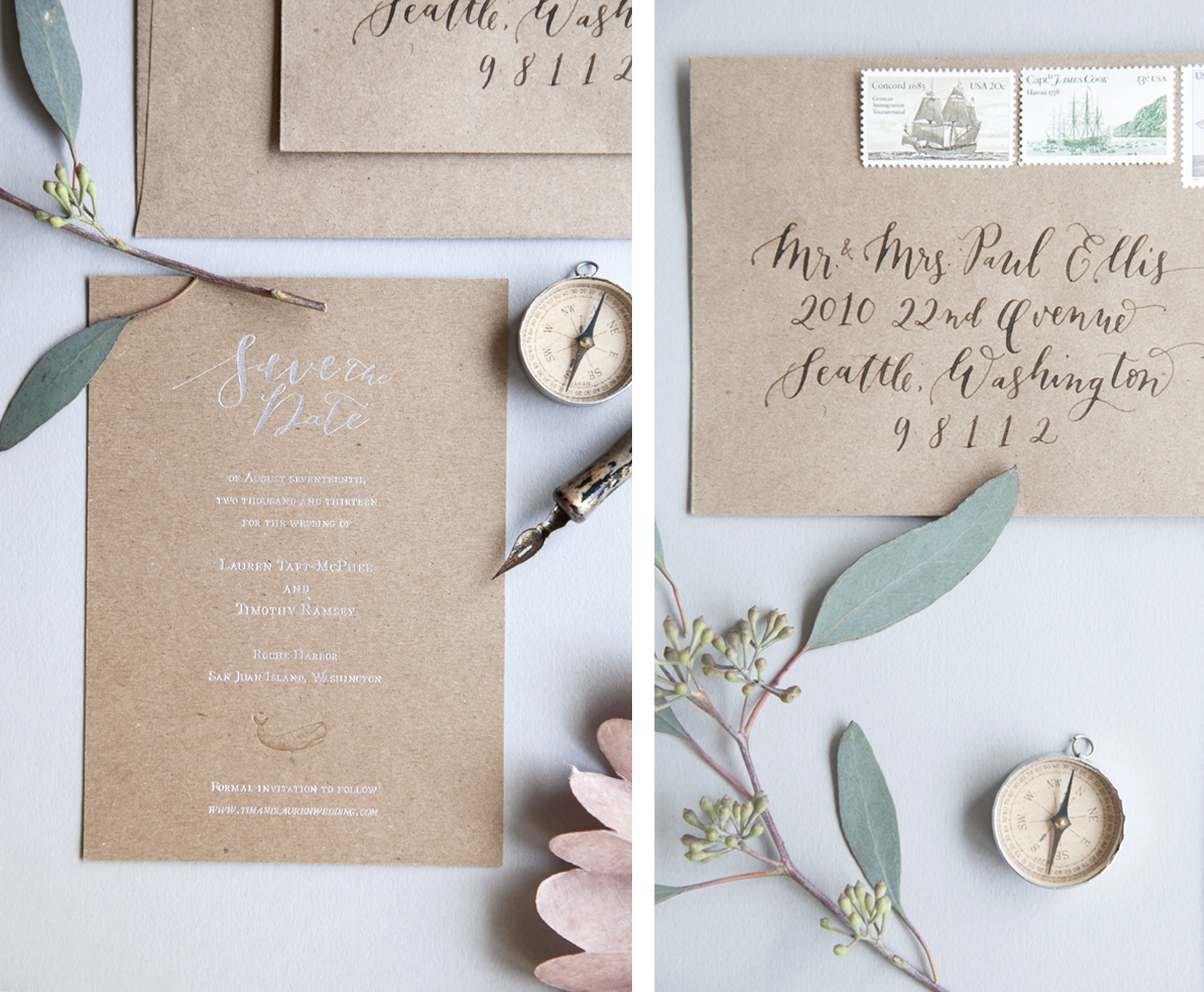 la Happy Calligraphy and Silver Foil Save the Date