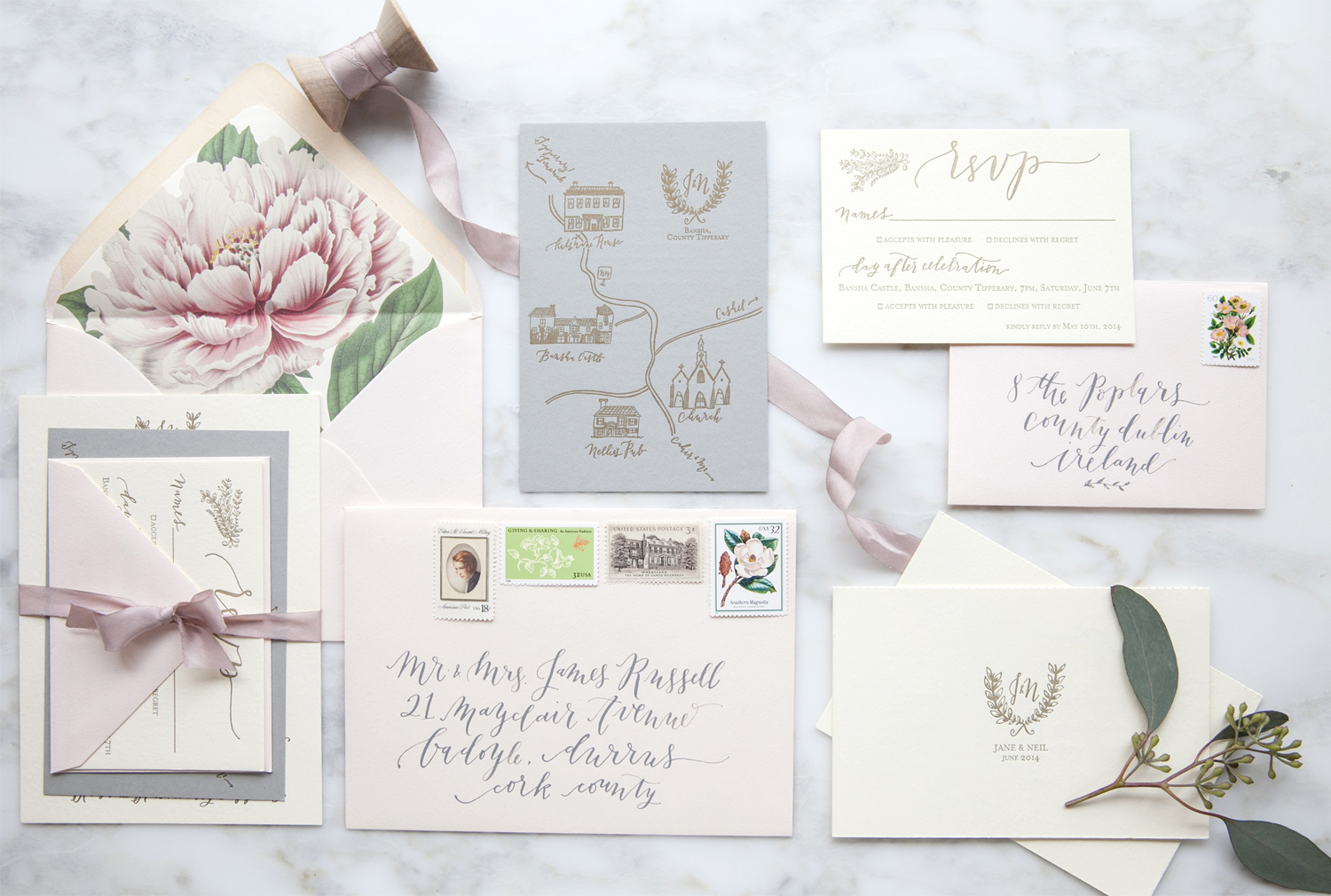 la Happy Calligraphy letterpress invitation set