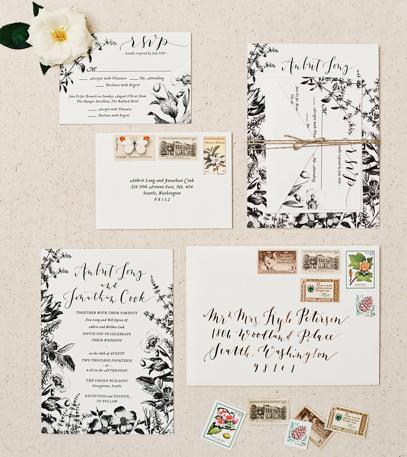 la Happy  Calligraphy and Vintage Botanical Invitation Set